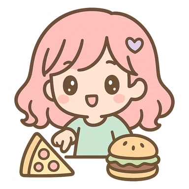 A kawaii chibi anime style woman character with flat pastel colors and thick outlines, simple cute features, transparent background. She is pointing at a pizza and a hamburger placed in front of her. sticker