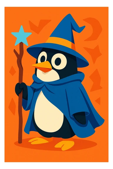 a penguin dressed as a wizard, with a pointed hat and a magic staff, in a fun and whimsical style sticker