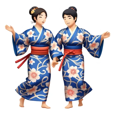 Cinematic Realistic scene of two performers engaging in Bon Odori, dressed in traditional yukata with intricate summer patterns, captured in graceful, rhythmic motion with warm, festive lighting sticker