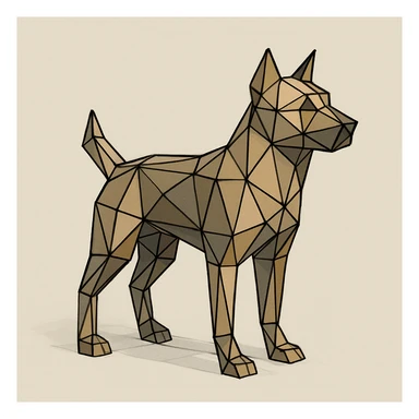 {
  "style_description": {
    "name": "Low Poly Wireframe",
    "overall_look": "Geometric abstraction with visible polygonal mesh edges and a minimal, digital aesthetic",
    "geometry": {
      "shape_type": "triangles and quadrilaterals forming faceted surfaces",
      "structure": "low-resolution polygon meshes with flat faces",
      "edge_visibility": "clear, sharp wireframe outlines around each polygon",
      "dimensionality": "3D-like forms created through flat shading and edge contours"
    },
    "linework": {
      "type": "thin or semi-bold outlines tracing all edges of the mesh",
      "style": "uniform or slightly stylized (e.g., dotted or glowing lines)",
      "color": "typically black, dark gray, or color-matched for contrast"
    },
    "color": {
      "application": "solid flat colors per polygon, without gradients",
      "palette_type": "limited, often monochromatic or with tonal variation per face",
      "highlighting": "minimal shading to emphasize surface depth without realism"
    },
    "lighting": {
      "approach": "ambient or directional lighting used sparingly to add dimension",
      "avoid": ["soft shadows", "complex reflections", "photorealism"]
    },
    "background": {
      "style": "plain or gradient backdrop to contrast mesh clarity",
      "consistency": "flat and neutral to preserve focus on wireframe structure"
    },
    "render_constraints": {
      "avoid": ["smooth surfaces", "rounded curves", "realistic textures"],
      "focus_on": ["polygon edges", "angular forms", "mesh clarity"]
    },
    "subject_treatment": {
      "representation": "simplified, stylized forms with clear geometry",
      "emphasis": "structure, volume through form and edge"
    }
  }
}

{subject} = dog sticker