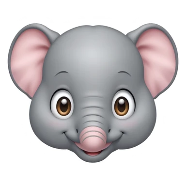 A cute, friendly cartoon elephant face smiling broadly. Big sparkling eyes, rosy cheeks, soft rounded shapes, pastel colors, children's book illustration style, heartwarming sticker
