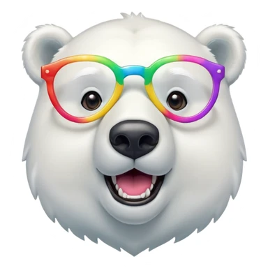 head and shoulders of a friendly anthropomorphised polar bear wearing oversized colorful star glasses, excited expression sticker