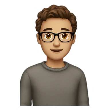 A young man with brown eyes and brown hair, glasses and a sweater sticker