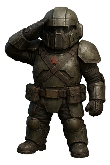 Make the armor look like a Helldiver from Helldivers 2, including battle-worn details, correct helmet, and color scheme, keeping the dynamic salute, no background. The design should reflect the rugged and realistic look of Helldivers 2 armor with appropriate wear and tear details. sticker