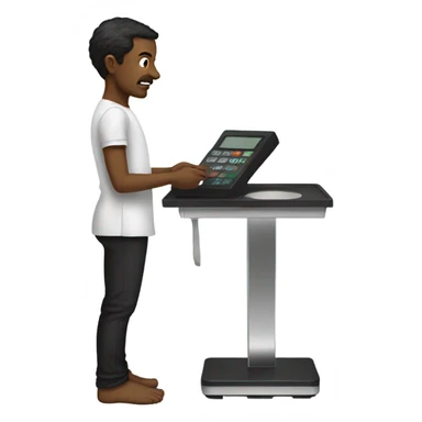 Man with bare legs wearing black smock standing on scale sticker