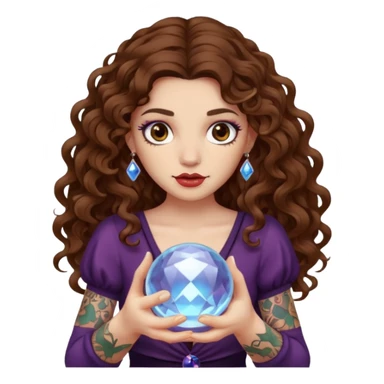 woman with long curly brown hair, brown eyes, white skin, tattoos, holding a crystal ball showing nonsense sticker
