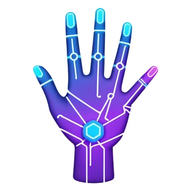 A futuristic abstract logo featuring a geometric hand outline with circuit-like lines, glowing in neon blue and purple, minimal and modern design sticker
