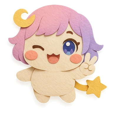Stella Puff (星星噗噗) in super cute, soft, and adorable paper craft style, front view, winking and making a peace sign, big sparkling blue-violet eyes, pastel pink-purple gradient hair with a yellow star swirl, creamy white round body, coral pink blush, short arms and legs, golden star tail, clean lines sticker