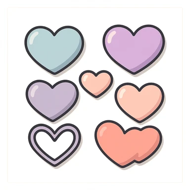 various heart shapes on one sheet, vector look with shadows and highlights, detailed shading, thin clean outlines, soft rounded features, pastel palette #98B5BC #B5B3C1 #C9A3C9 #E4C0CA #F7DCD1 #F7C0AA, Japanese pop art, sticker look, highly detailed sticker