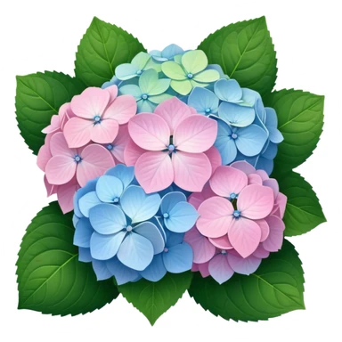 Natural hydrangea flower with realistic cluster of tiny individual blooms, soft color gradients from center to edge, slightly irregular rounded shape, and detailed green leaves sticker