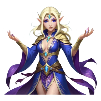 Cinematic Realistic WoW Elf Mage Portrait, captured in a dynamic, battle-ready stance, her graceful form exuding raw arcane energy. Her luminous skin and delicate features, set against an intricately detailed robe in consistent deep blues and purples with golden accents, are rendered with lifelike texture and dynamic, magical lighting, high shine, fierce and commanding, embodying the relentless spirit of an elven sorceress mid-spell. sticker