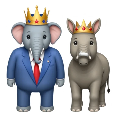 Democratic Party elephant facing Republican Party donkey with King Trump inbetween sticker