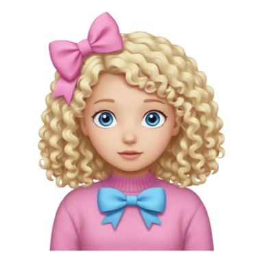 girl with blonde curly hair and blue eyes wearing a pink sweater and white hair bow sticker