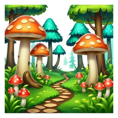 A stylized fantasy forest with glowing mushrooms and colorful tree sticker