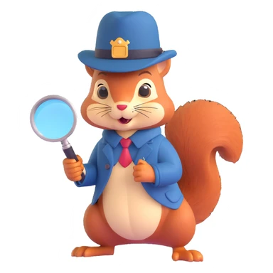 detective squirrel with magnifying glass and detective hat, 3D emoji Microsoft style sticker