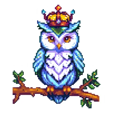 pixel art crowned owl, perched on a branch sticker