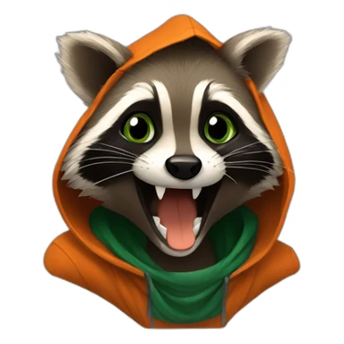 brown raccoon with orange eyes and a dark green hood that is laughing sticker