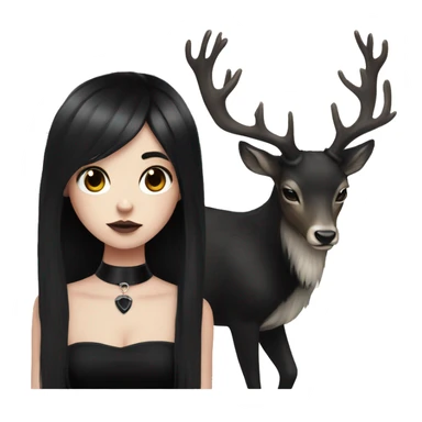 Portrait. Goth deer girl in a black sleeveless dress with a choker. White antlers with deer ears. Long Black hair sticker