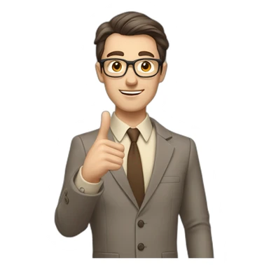 To belt Actively gesturing with hands Okay Pale skinned fit man with dark brown hair in gray jacket, beige office shirt, brown tie, brown pants and vintage glasses. sticker