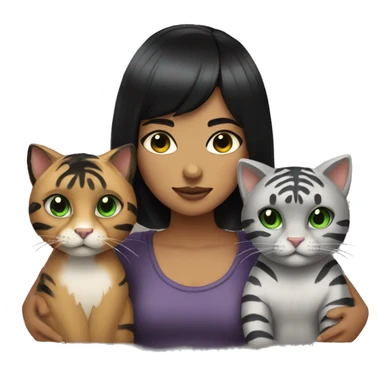 girl with short black hair, micro bangs, green eyes holding two cats one is black the other looks like a grey tiger  sticker