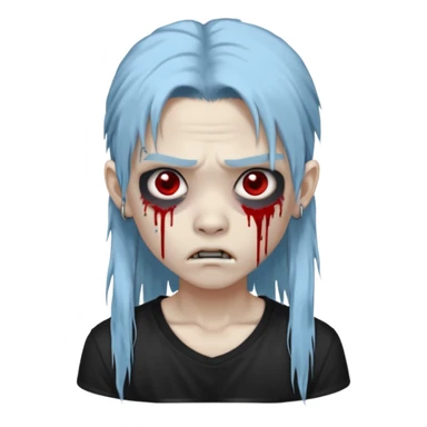  3D emoji-style avatar with very pale blue-grey zombie skin , a young Asian face, and large eyes with blood tears. Give it white litle bit messy long mullet hair style , silver hoop earrings, and a plain black T-shirt. The face expression should be slightly angry, with vampire fang sticker