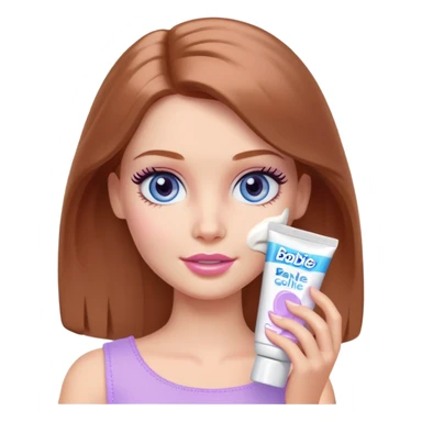 Barbie girl Chestnut Shoulder-length hair and blue eyes is In pale purple applying cream on face sticker