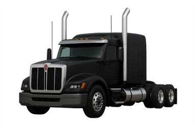 Edit the image of a 2026 Kenworth W680 flattop black semi sleeper with chrome exhaust stacks, no cans, front angle, with no background. Maintain the realistic style and front angle view with no background. sticker