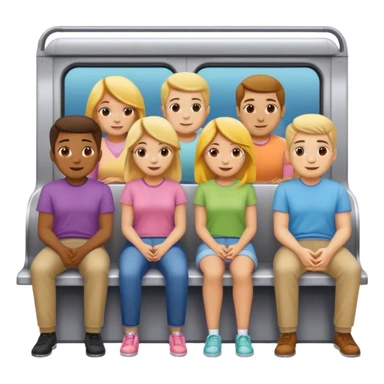 group of five cheerful people, men and women, standing and sitting close together in a subway car like Apple emoji subway with colorful outlook, dressed in different pastel t-shirts, Apple emoji style sticker