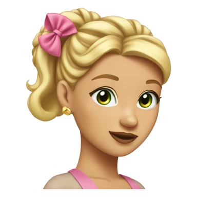 girl with blonde hair in a bun on the top of her head, green eyes, gold earrings, and a pink bow in her bun sticker