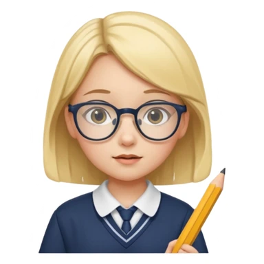 girl kid with glasses → holding a pencil with school uniform sticker