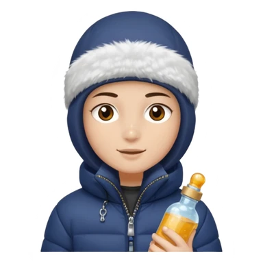 Junge mit Sturmhaube braune augen auf der rechten seite kleinen nasenpircing (glitzerstein) in der Rechten hand eine Jacky flasche und einer winterjacke mit fell an der mütze sticker