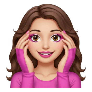 girl with long wavy brown hair, brown eyes, long lashes, sexy pink lips, light to medium complexion, wearing a pink sexy top, smiling, hands covering over the eyes sticker