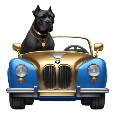 A Cane Corso driving a gold and blue BMW. sticker