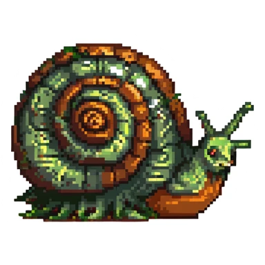 zombie snail, pixel art style, green and brown, drooling, spooky eyes sticker
