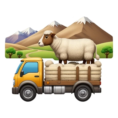 Cartoon 3D emoji of a Peruvian rural truck transporting sheep in the back, wooden cargo bed, Andes mountain landscape, dusty countryside road, glossy finish, bold outlines, vibrant natural colors, sticker design, transparent background sticker