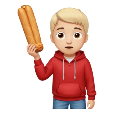 ute funny Spanish cartoon boy named Peque Tito, red hoodie, denim shorts, big expressive eyes, holding a churro, Pixar-style, viral character.” sticker