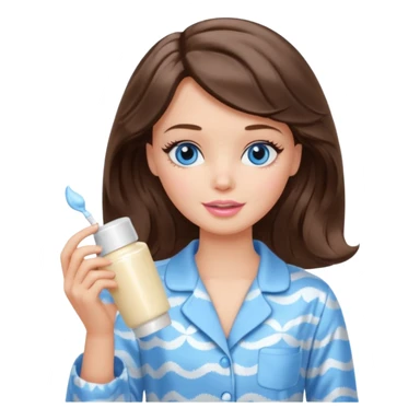 Barbie girl with makeup, blue eyes , and bob long haircut wavy, short brown hair in creamy color pajamas, face cream in hand sticker