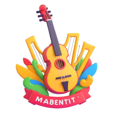 A 3D emoji featuring a central lyre emblem encircled by dynamic, multicolored shapes and symbols representing different arts, with the text "МБУ центр досуга" incorporated, in the style of Microsoft's 3D Fluent Emojis. sticker