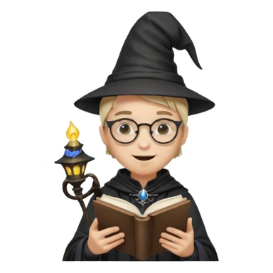["A happy boy with light skin, ponytail, wearing a wizard hat and square glasses, dressed in goth fashion, is reading a book while holding a phone."] sticker