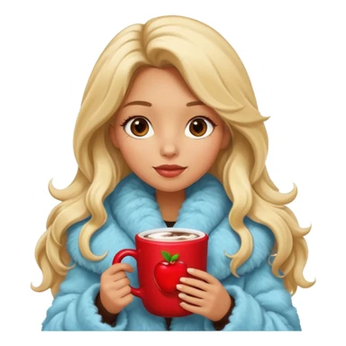 Tanned Girl with lashes , blonde hair, in an extremely big fluffy oversized coat and hold hot chocolate drink and more look like apple emoji face sticker