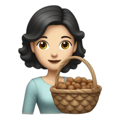 White girl with black and small hair holding a basket of walnuts sticker