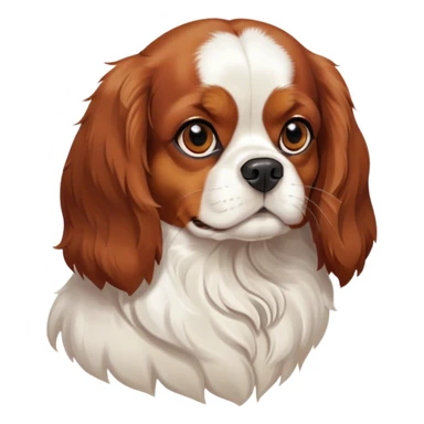 Cinematic Noble Blenheim Cavalier King Charles Spaniel Portrait Emoji, Poised and regal, with a graceful, medium build and a well-groomed Blenheim coat featuring rich chestnut and white markings, soulful brown eyes, Simplified yet sharp and sophisticated features, highly detailed, glowing with a soft, dignified glow, high shine, intelligent and affectionate, stylized with an air of elegance, focused and attentive, soft glowing outline, capturing the essence of a watchful and refined companion, so majestic it feels as though it could step out of the screen with effortless authority! sticker