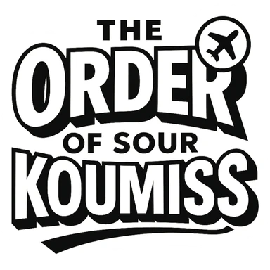 A retro 90s logo for 'The Order of Sour Koumiss' with bold typography and a subtle travel-related icon, in black and white sticker