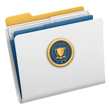 A simple emoji-style icon of a white textured paper folder, clean and formal, with sharp edges, minimal shading, and an embossed university degree/certification seal on the front, conveying academic achievement and official records. white white white  sticker