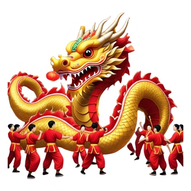 Cinematic Realistic scene of a traditional Chinese Dragon Dance featuring a team of performers skillfully manipulating a colossal, flexible dragon puppet, its intricately detailed, vibrant scales and flowing, embroidered fabric catching the light, set against a festive backdrop of red lanterns and dynamic red-tinged lighting that accentuates the majestic presence of the dragon puppet. sticker