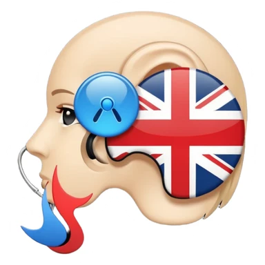 Minimalistic flat vector icon, iOS style, thin black contour on white background. Ear icon with sound waves and small UK/USA flag symbol. Clean, no text, no shadows sticker