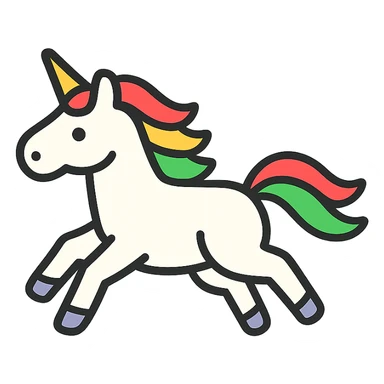 a running unicorn icon with colorful rainbow mane and tail, transparent background, suitable for a logo sticker