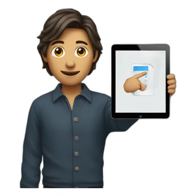 person holding an ipad, while pointing to it sticker