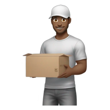Pale skinned fit Man with dark brown hair in a white cap, gray jeans and gray polo T-shirt keeping a pasted box into his hands sticker