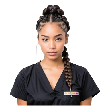 A 40-year-old Latina woman with light brown skin, working as a car mechanic, wearing all black mechanic scrubs, with two braids pulled back from her head sticker